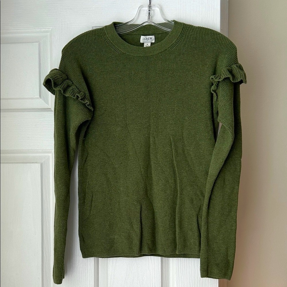 JCrew Forest Green Ruffle Sweater